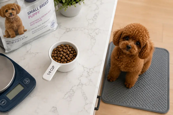 PawVortex USA owner measuring a quarter cup of small-breed kibble for a teacup poodle on a bright kitchen counter
