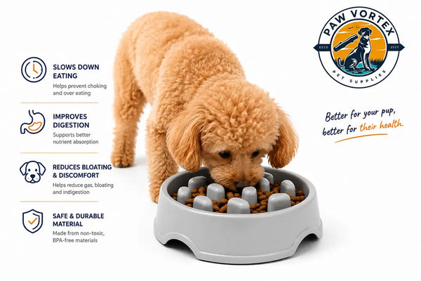 PawVortex USA slow feeder bowl for teacup poodles with a tiny poodle eating from the ridges