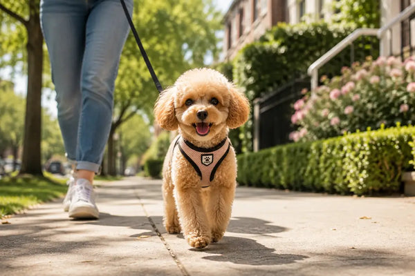 Teacup poodle walking confidently in a step-in harness on a neighborhood sidewalk in the USA