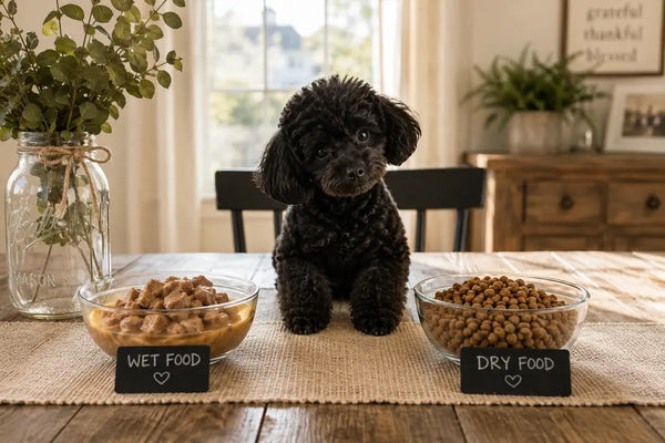 PawVortex USA comparison of wet food and dry food for a teacup poodle sitting at an American farmhouse table