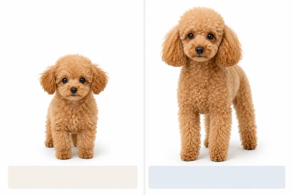 Side-by-side comparison of a teacup poodle and a toy poodle showing the size difference for USA dog owners
