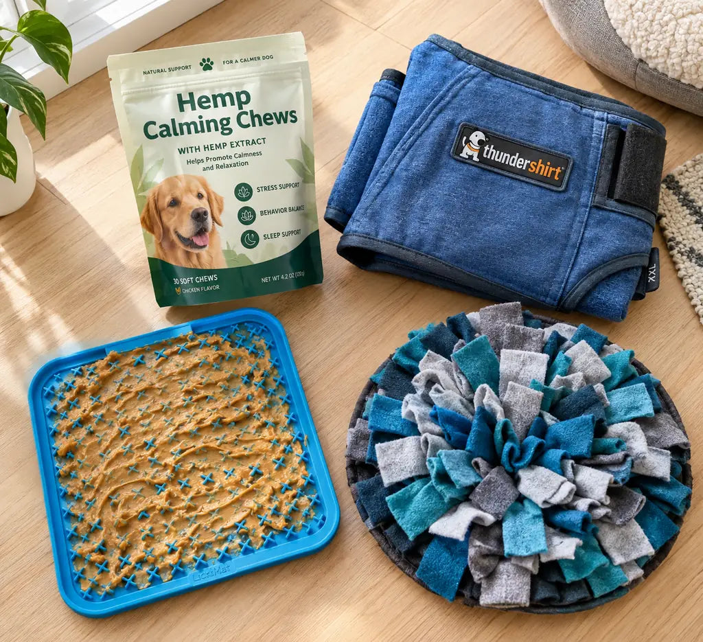 Calming products for dog thunderstorm anxiety including lick mat, calming chews, and thunder shirt — PawVortex USA