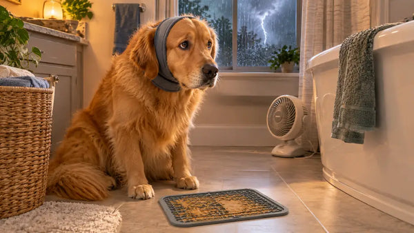 Golden retriever with calming band and lick mat during a thunderstorm — PawVortex natural anxiety relief