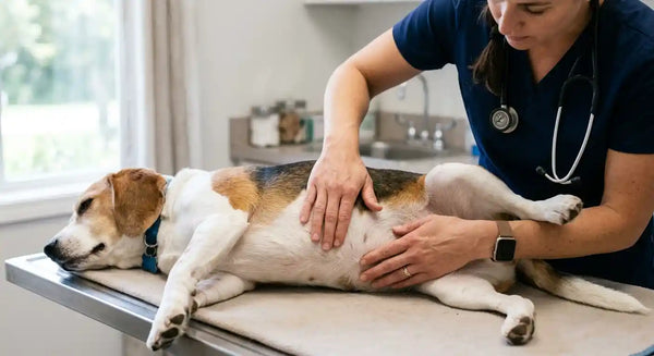 Veterinarian performing abdominal palpation on beagle during checkup