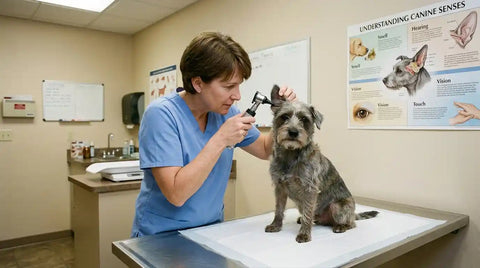 Veterinarian examining dog’s ear to rule out medical cause of barking