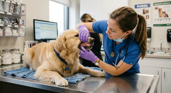 Veterinarian checking a dog's gum color during an emergency examination at an animal hospital