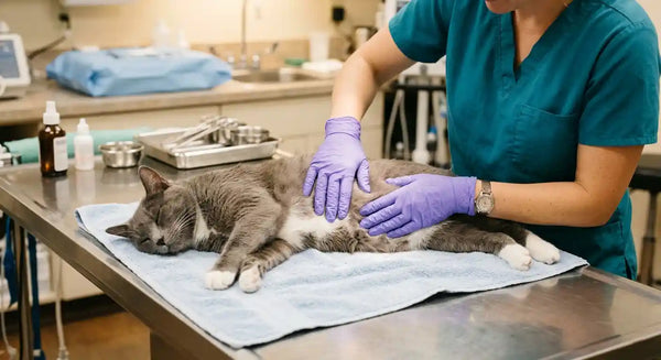 Veterinarian preparing to perform a spay surgery on a sedated cat in a clinic.