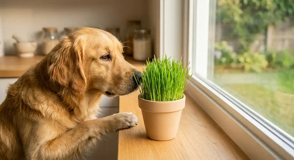 Dog sniffing a pot of wheatgrass on a kitchen windowsill — a safe alternative to outdoor grass for dogs that graze habitually