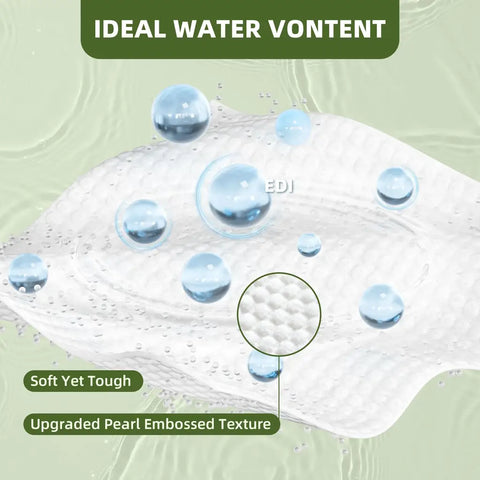 Upgraded pearl embossed textured pet wipe showing close up fabric details and EDI purified water droplets