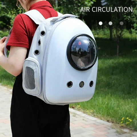 Person wearing a white pet backpack with transparent dome outdoors.