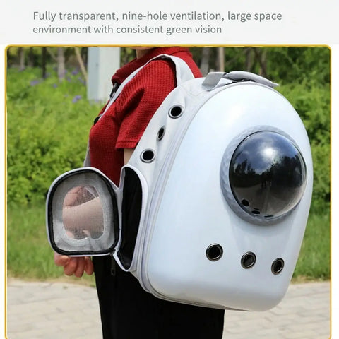 Person wearing a white pet carrier with large black windows outdoors.