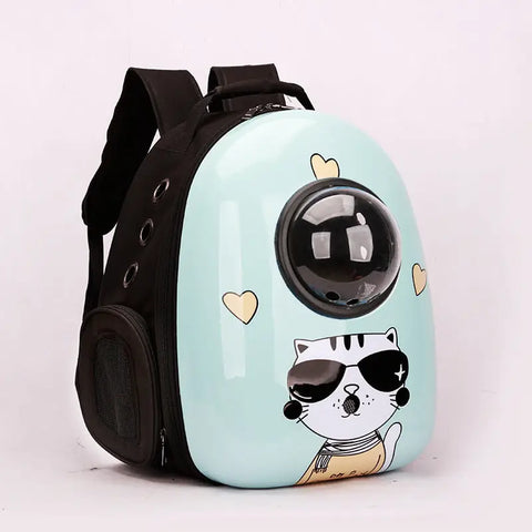 Pet backpack with a cat design on light blue background.