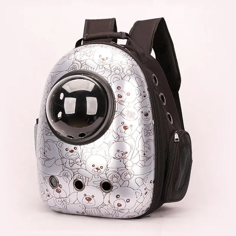 Pet backpack with bubble window design on white background.
