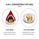 Pet bed with a cat inside, featuring text about its design and benefits.