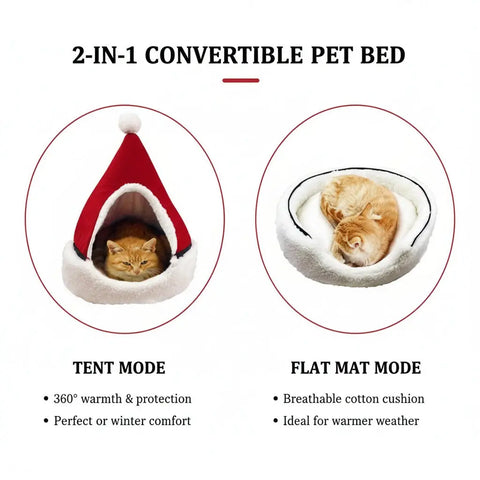 Pet bed with a cat inside, featuring text about its design and benefits.