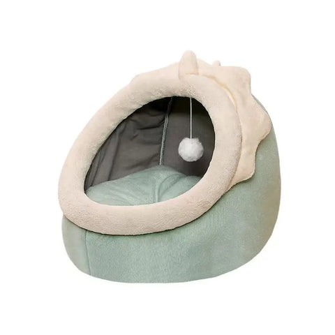 Pet bed with a hanging ball on a white background.
