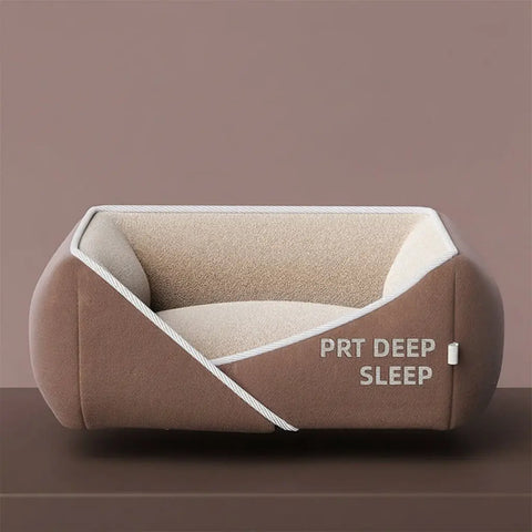 Pet bed with 'PRT DEEP SLEEP' text on brown background.