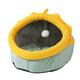 Pet bed with yellow rim and green base on white background.
