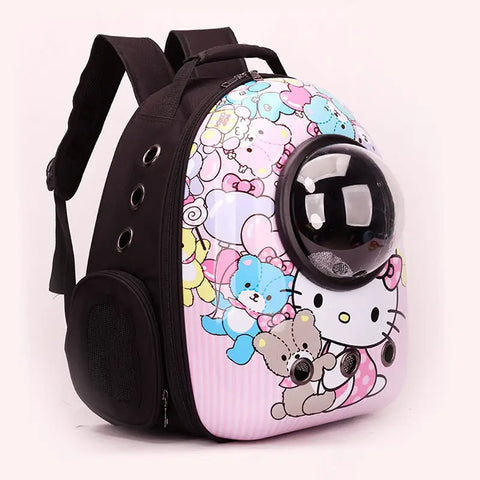Pet carrier with cartoon designs on a white background