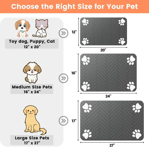 Size comparison chart for pet mats ranging from 12x20 to 17x27 inches for toy, medium, and large pets.
