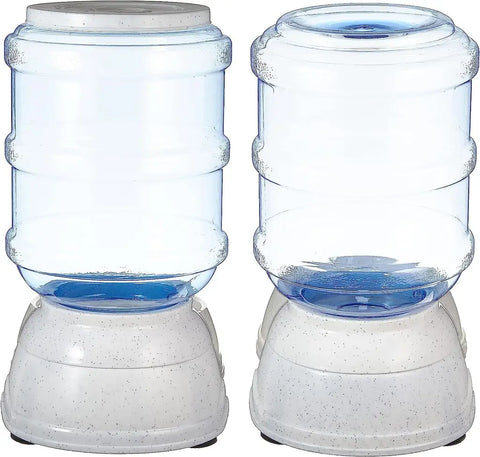 Back view of the matching white speckled pet feeder and waterer bases showing the sturdy design.