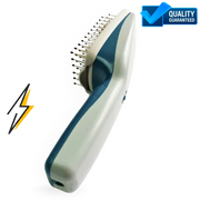 Pet grooming brush with blue and gray design on white background, quality guaranteed label