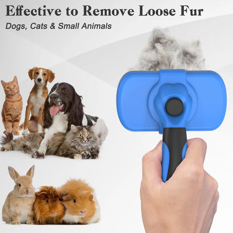 Product  featuring the blue slicker brush alongside a variety of pets including dogs, cats, rabbits, and guinea pigs.