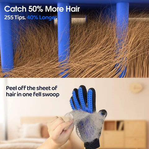 Close-up of 255 silicone tips catching loose hair and peeling off a pet grooming glove