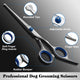 High-resolution shot of blue and black ergonomic pet grooming shears on a clean white background.