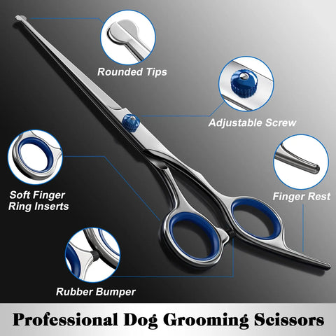 High-resolution shot of blue and black ergonomic pet grooming shears on a clean white background.