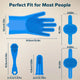Detailed size chart and dimensions in centimeters and inches for the grooming gloves, finger brush, and handheld scrubbers.