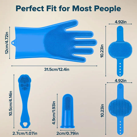 Detailed size chart and dimensions in centimeters and inches for the grooming gloves, finger brush, and handheld scrubbers.