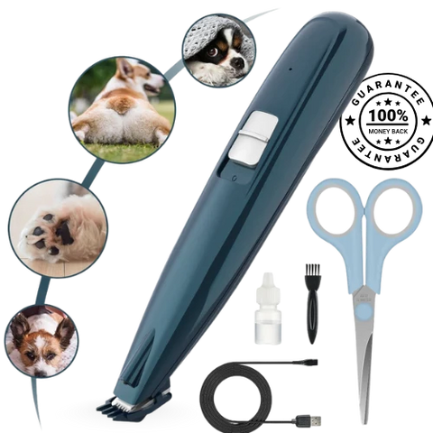 Pet grooming tool set with scissors, bottle, and cable on a white background