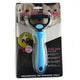 Pet grooming tool with blue handle on packaging with dog and cat.