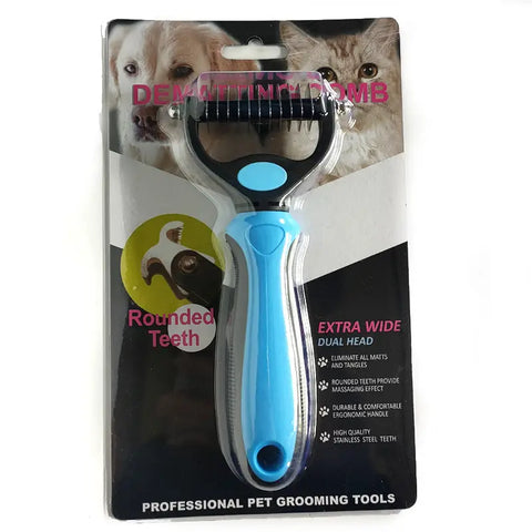 Pet grooming tool with blue handle on packaging with dog and cat.