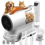 Pet grooming vacuum kit with vacuum unit, clippers, grooming tools, guard combs, and a Golden Retriever and cat.