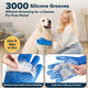 Close-up of silicone grooming gloves trapping loose pet fur during dry deshedding on a white dog.