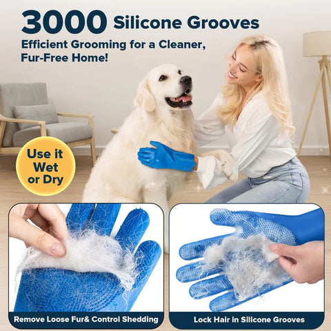 Close-up of silicone grooming gloves trapping loose pet fur during dry deshedding on a white dog.