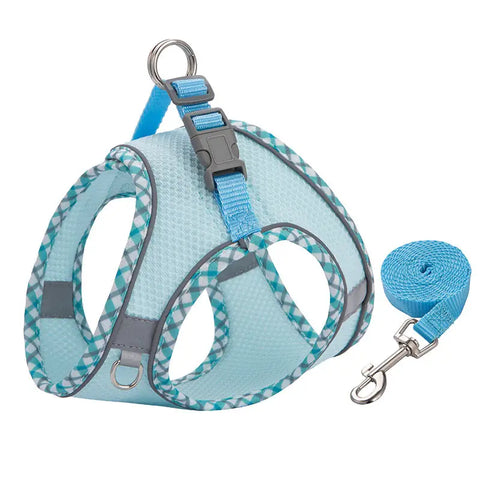 Pet harness and leash set with blue and gray pattern on a white background