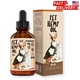 Pet hemp oil bottle and packaging with dogs on beige background.