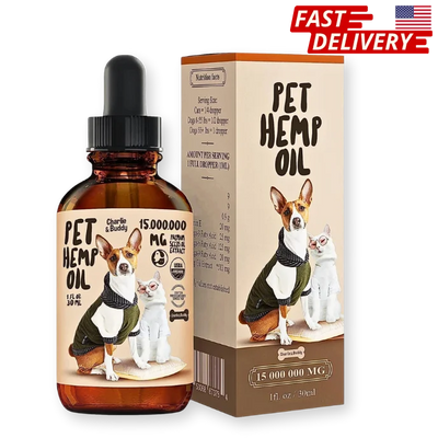 Charlie & Buddy Hemp Oil bottle for dogs and cats on beige background