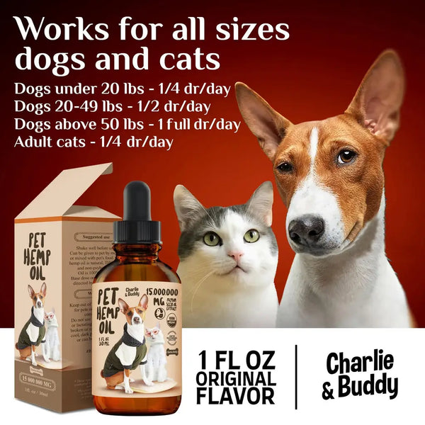 Dosage chart for Charlie & Buddy hemp oil showing benefits for calmness and joints