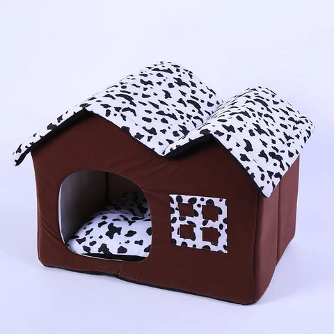Pet house with brown body and patterned roof on light purple background.