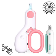 Pet nail trimmer set with pink and white design on a white background, guarantee badge