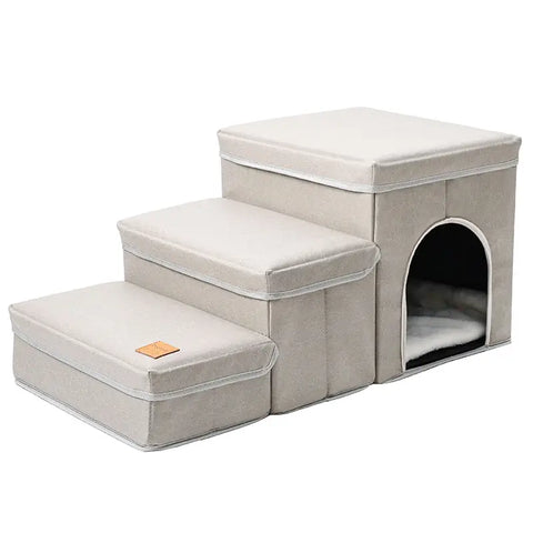 Pet staircase with a small enclosed area on white background.