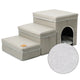 Pet staircase with cushioned steps and a small pet house.