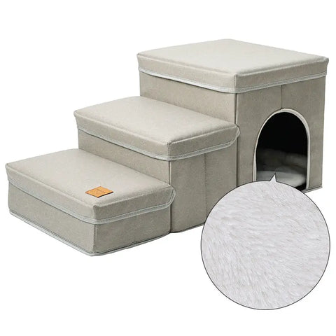 Pet staircase with cushioned steps and a small pet house.