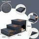Pet staircase with measurements and features on gray background.