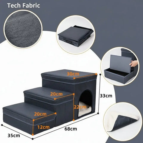 Pet staircase with measurements and features on gray background.
