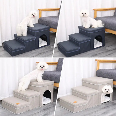 Pet steps with a dog on top in a home setting.